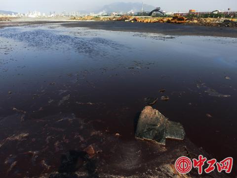 “牛奶湖”附近的华东商贸城前，受到工业垃圾污染的河床已腐变成沼泽地。