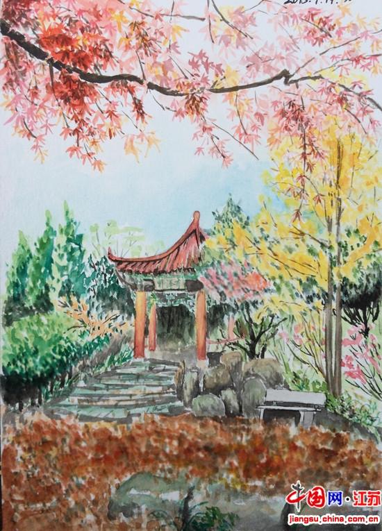 学院12级学生王金华用自己最擅长的绘画,绘制了九幅校园风景水粉画,来