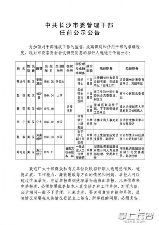 中共长沙市委管理干部任前公示公告 拒匿名举