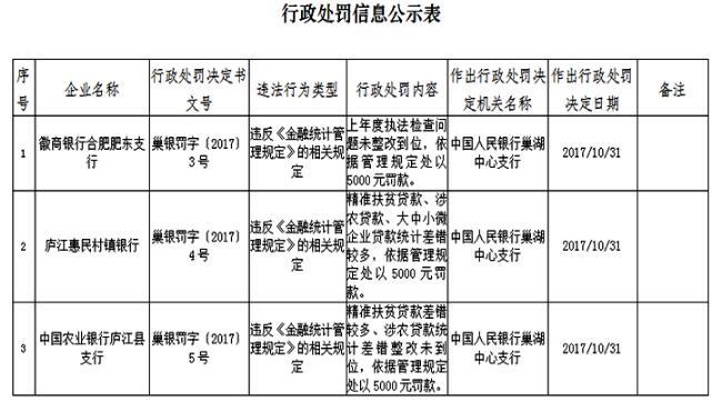 存在精准扶贫贷款差错较多等问题 农业银行庐江县支行遭处罚