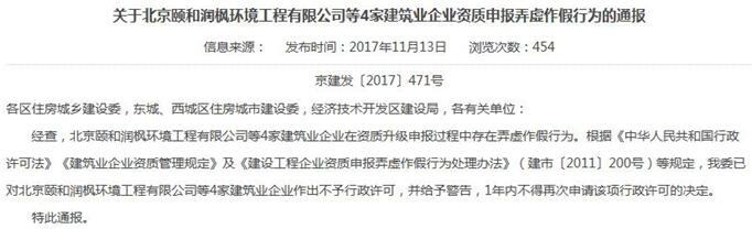 北京颐和润枫环境工程有限公司资质申报弄虚作假被市住建委通报