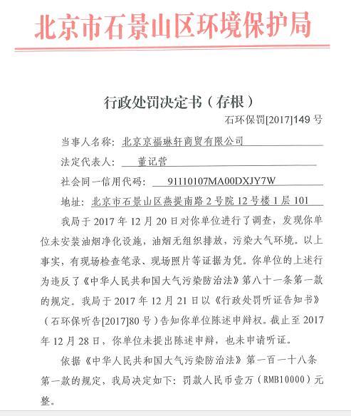 未安装油烟净化设施 北京京福琳轩商贸有限公司被罚款1万元