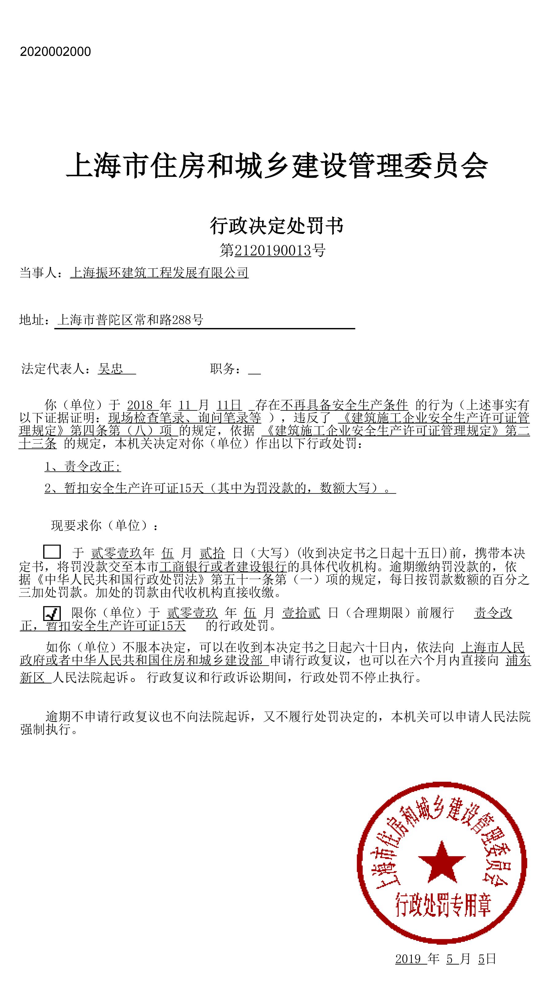 上海振环建筑工程发展有限公司因存在安全生产隐患被处罚
