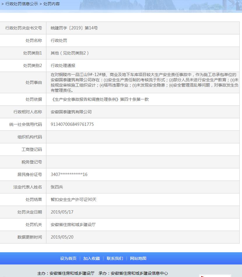 安徽国泰建筑有限公司铜陵市一品江山项目发生安全生产事故遭处罚