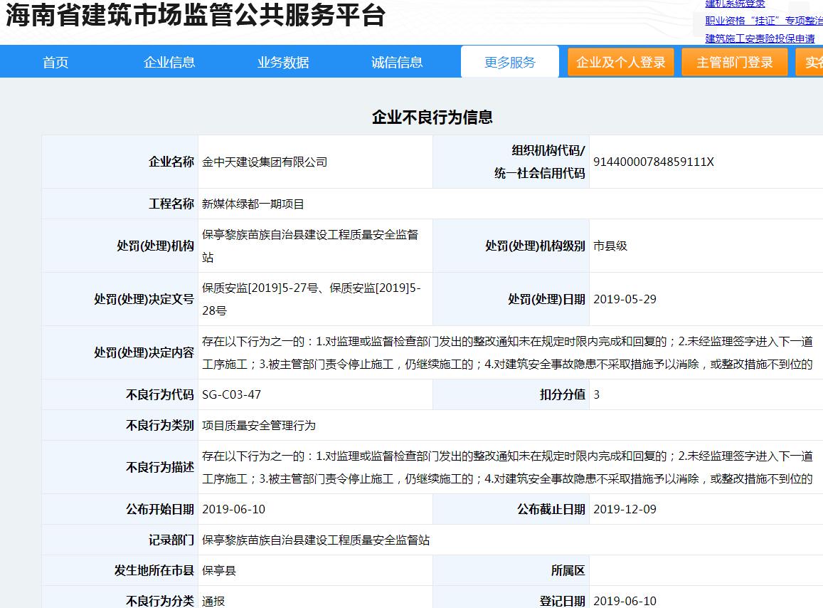 金中天建设集团有限公司在新媒体绿都项目中违反安全生产相关规定被通报批评