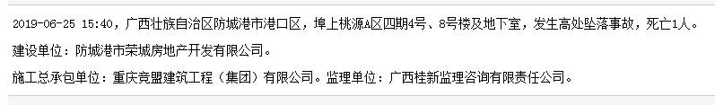 重庆竞盟建筑工程(集团)有限公司埠上桃源项目发生事故致1人死亡