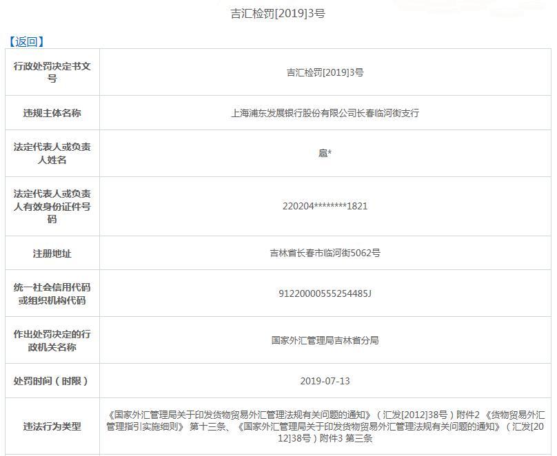 浦发银行长春一支行违法遭罚 违反外汇账户管理规定