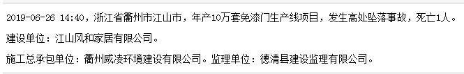 衢州威凌环境建设有限公司江山市年产10万套免漆门生产线项目发生事故 死亡1人