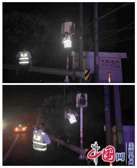 超高货车深夜刮断电缆线 泰兴虹桥交警紧急抢修保畅通