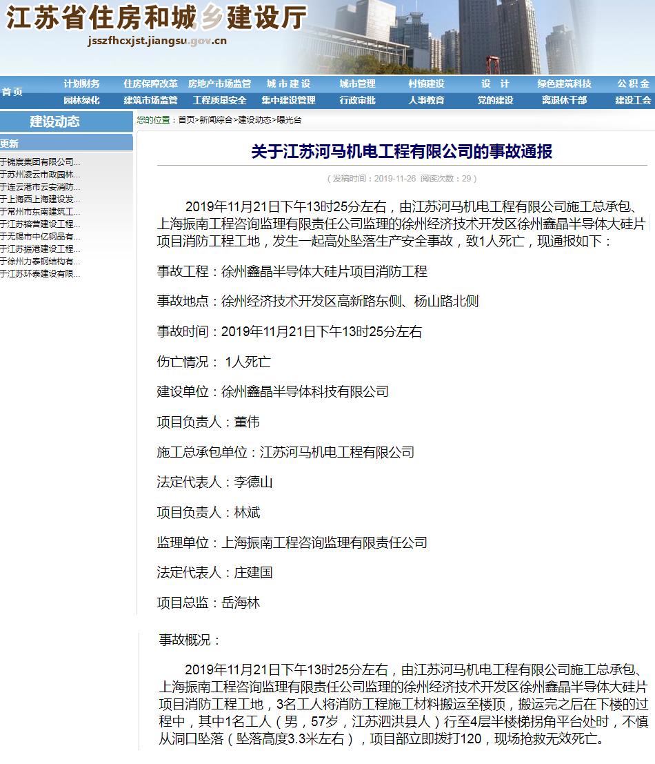 江苏河马机电工程有限公司徐州鑫晶半导体大硅片项目工地发生事故 致1人死亡