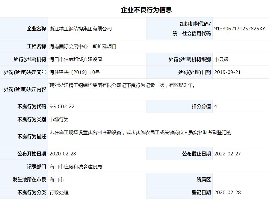 浙江精工钢结构集团有限公司海南国际会展中心违规被记不良行为记录