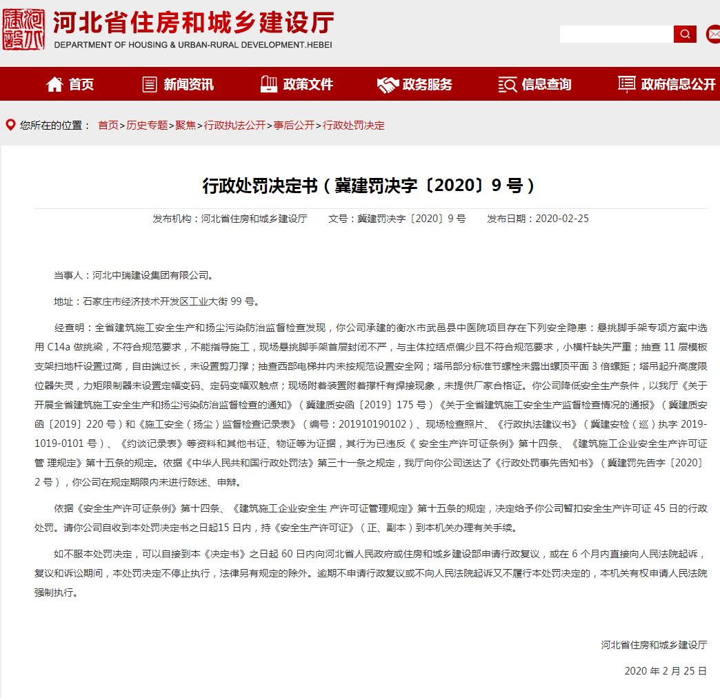 河北中瑞建设集团有限公司武邑县中医院项目违反安全生产规定遭罚