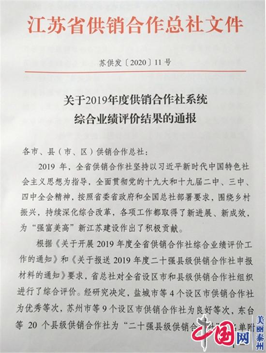 兴化市供销合作社荣获2019年度全省“二十强县级供销合作社”