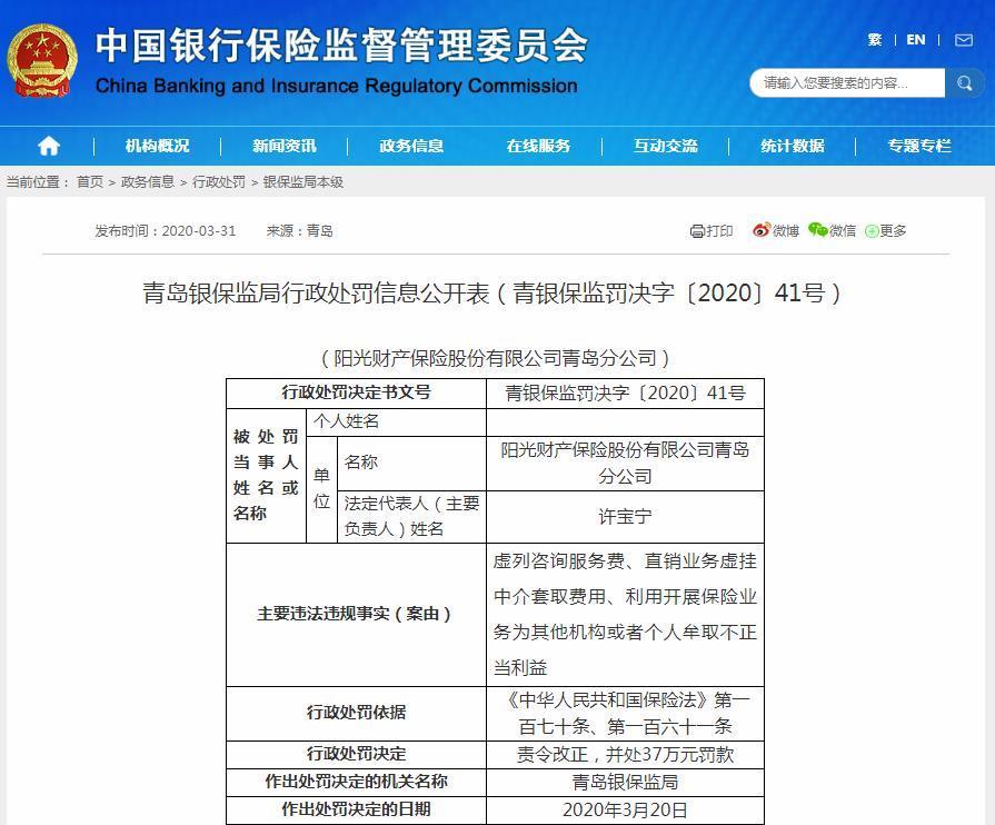 阳光产险青岛分公司收48万罚单：虚列咨询服务费等行为违法违规