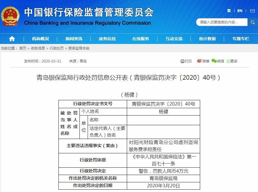 阳光产险青岛分公司收48万罚单：虚列咨询服务费等行为违法违规