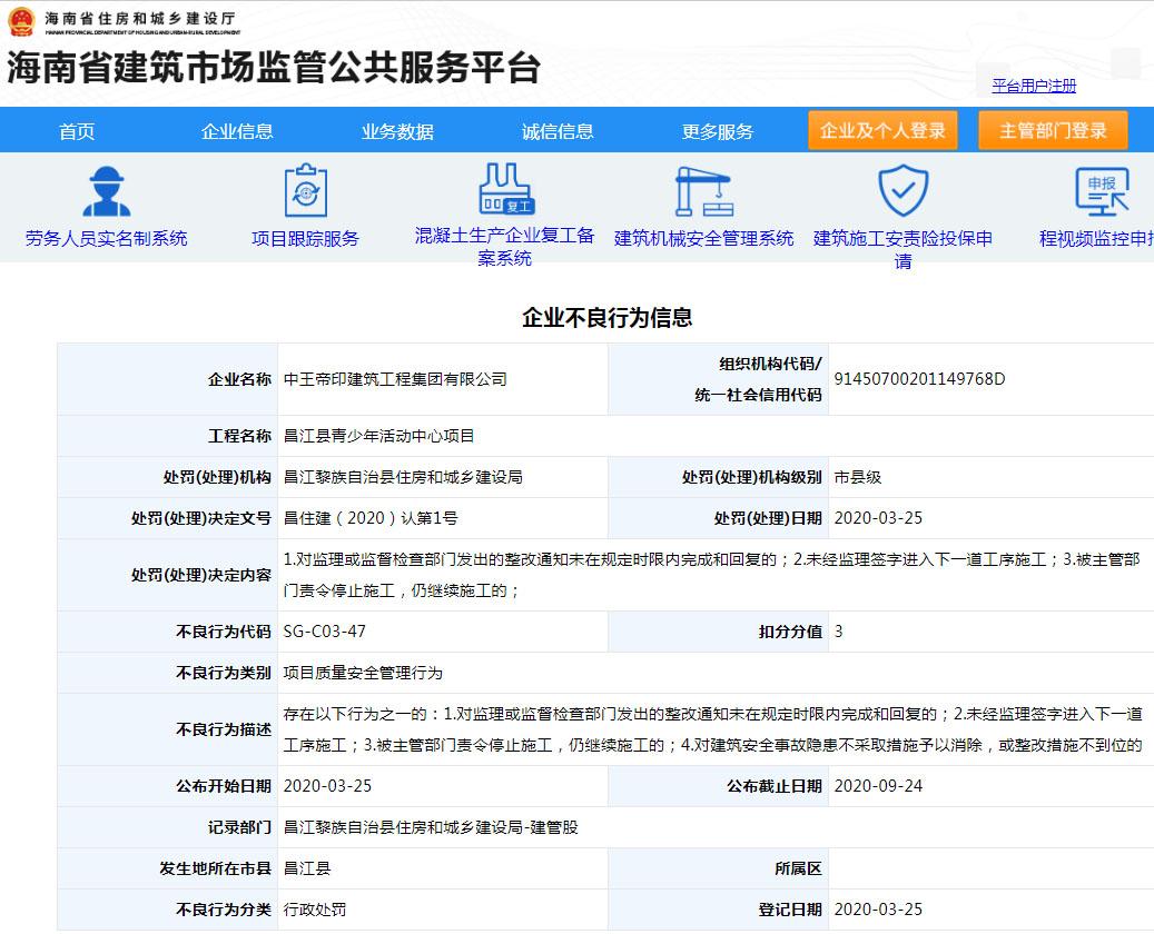中王帝印建筑工程集团有限公司昌江县青少年活动中心项目违规 遭不良行为记录处罚