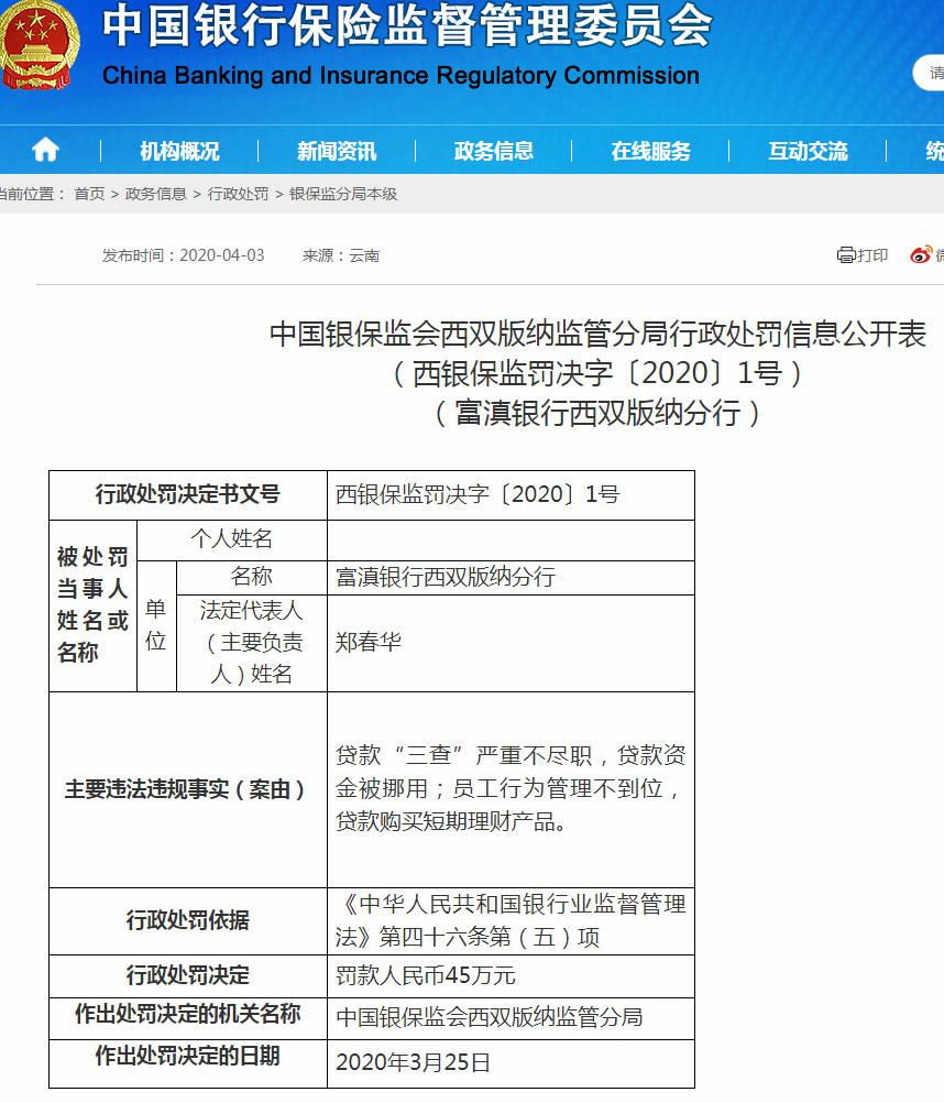 富滇银行西双版纳分行违法遭罚45万 贷款资金被挪用