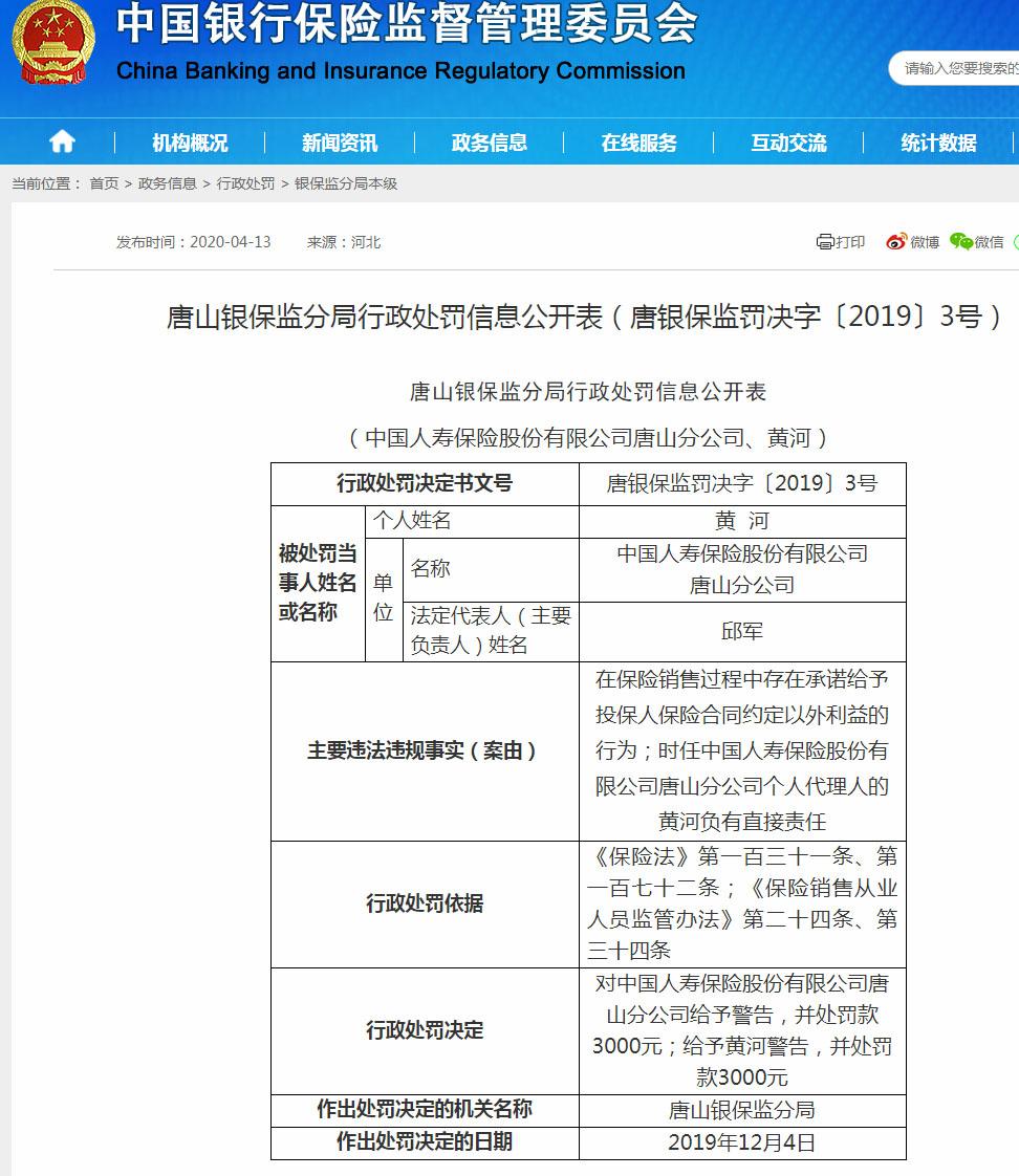 人寿保险唐山分公司违法遭罚 承诺给予投保人保险合同约定以外利益