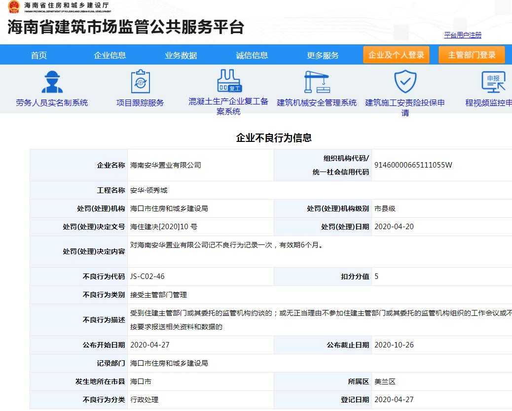 海南安华置业有限公司安华·领秀城项目违规遭记不良行为记录