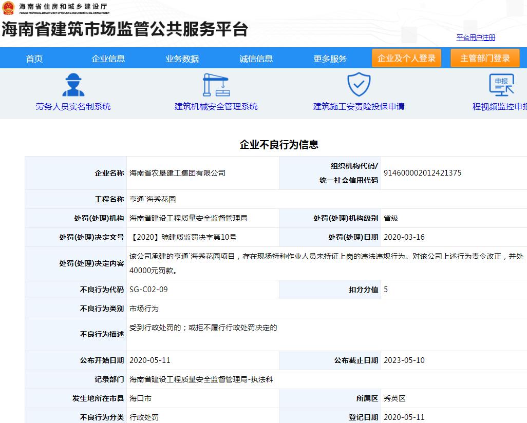 海南省农垦建工集团有限公司亨通`海秀花园项目违规遭罚