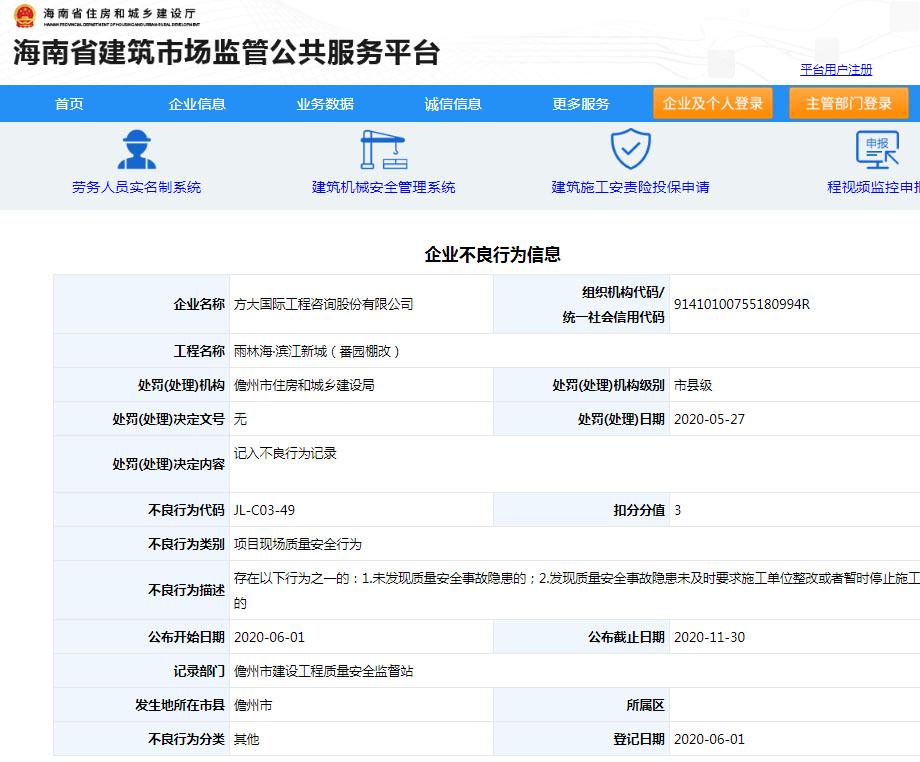 方大国际工程咨询股份有限公司雨林海·滨江新城项目违规被计入不良行为记录扣3分