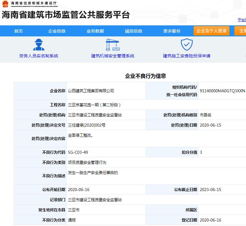 山西建筑工程集团有限公司三亚京基花园项目发生安全责任事故被责令全面停工整改