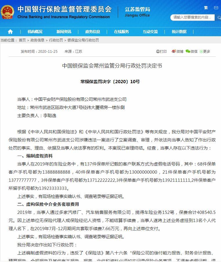 中国平安财产保险股份有限公司常州市武进支公司编制虚假资料等违法 被罚38万元