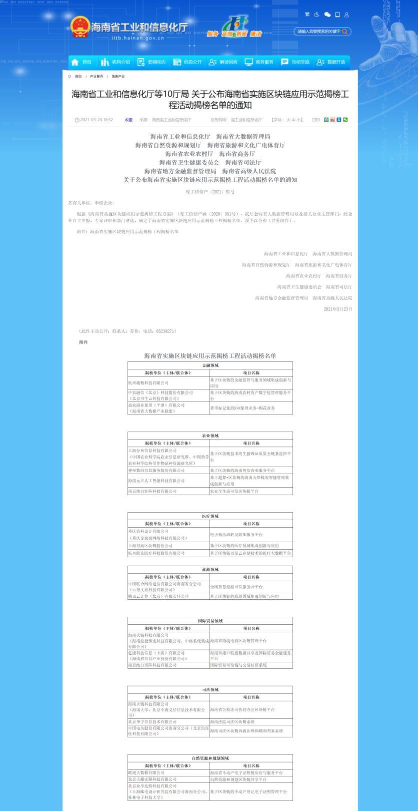 重庆信科与重庆金窝窝 入选海南省区块链应用示范揭榜工程