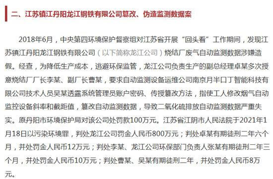 龙江钢铁遭通报：篡改 伪造监测数据 法院判处罚金800万元