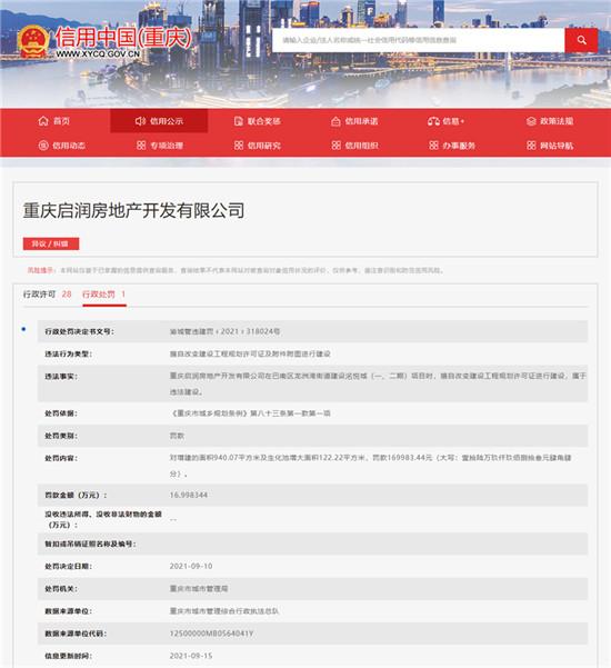 重庆启润房地产开发有限公司违法建设遭罚17万元