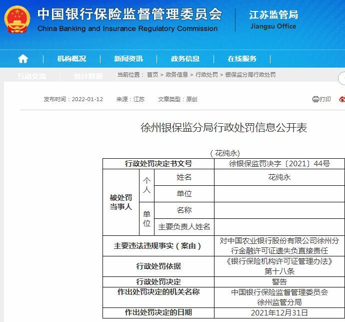 中国农业银行徐州分行金融许可证遗失花纯永被警告处分