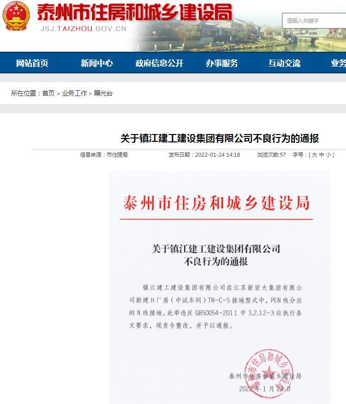 违规作业 镇江建工建设集团有限公司被泰州市住建局通报