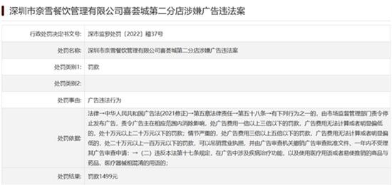 奈雪的茶深圳一门店广告涉及医疗用语又遭行政处罚