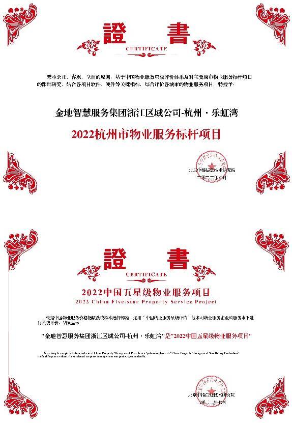 杭州·乐虹湾荣获“2022中国五星级物业服务项目”等多项殊荣