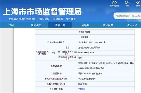 上海宝荟房地产开发有限公司因涉嫌发布违法广告被罚