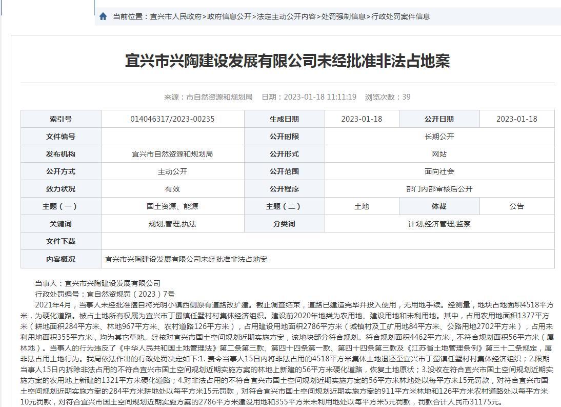 未经批准非法占地 宜兴市兴陶建设发展有限公司被罚