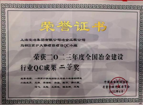 上海宝冶一项QC成果喜获2023年度中国冶金建设协会二等奖