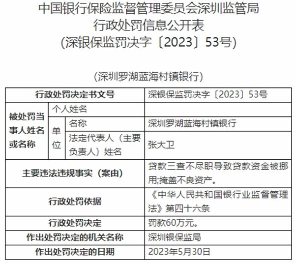 深圳罗湖蓝海村镇银行违规被罚 最大股东为青农商行