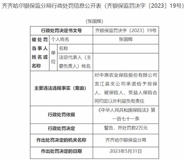 中原农险龙江县支公司被罚 承诺投保人合同以外利益