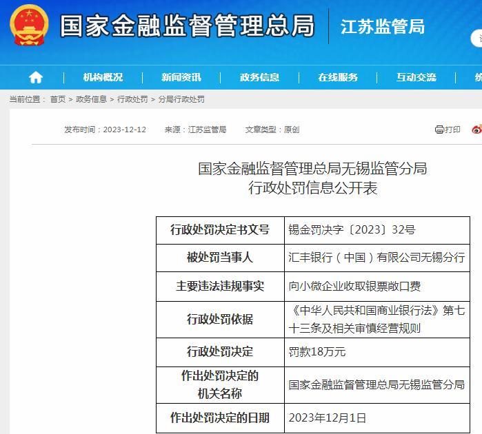 汇丰银行(中国)有限公司无锡分行向小微企业收取银票敞口费被罚18万元