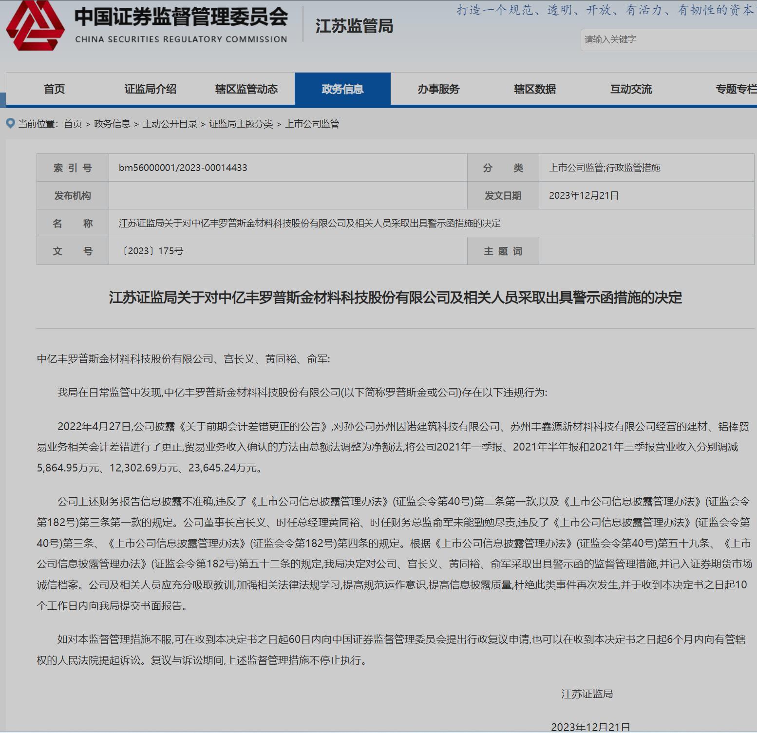 因财务报告信息披露不准确 江苏证监局对中亿丰罗普斯金材料科技股份有限公司及相关人员出具警示函
