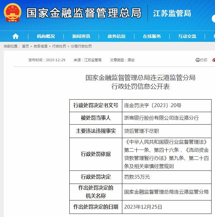 浙商银行股份有限公司连云港分行贷后管理不尽职被罚35万元