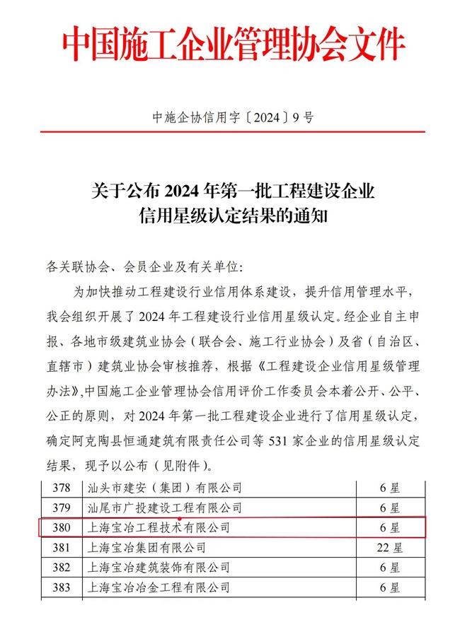 上海宝冶工程技术有限公司荣获中施企协星级认定6星