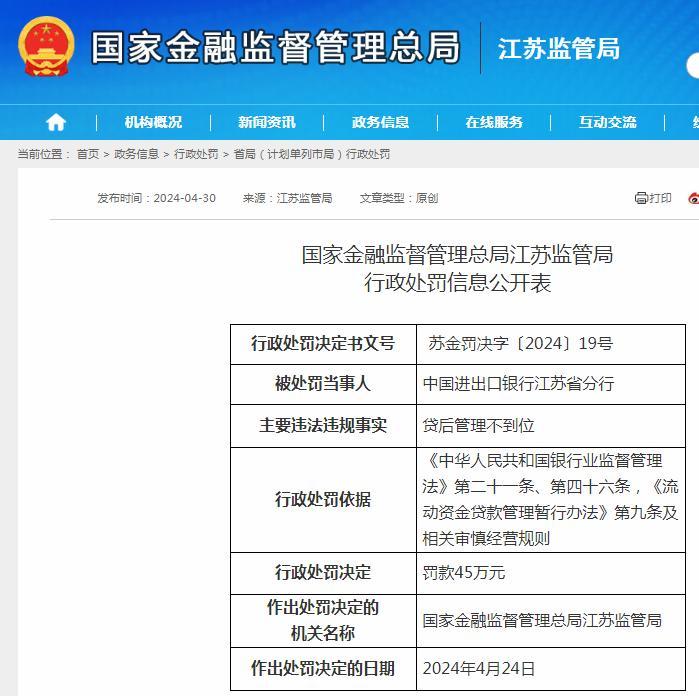 中国进出口银行江苏省分行贷后管理不到位被罚45万元