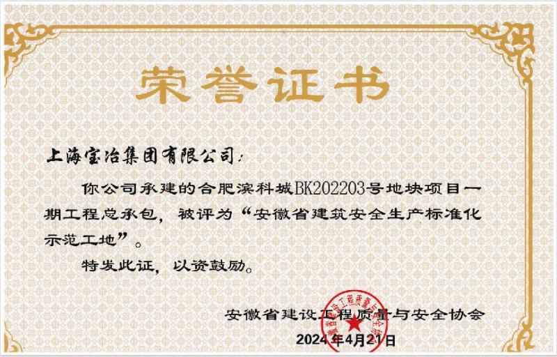 上海宝冶合肥滨科城项目荣获“安徽省建筑安全生产标准化示范工地