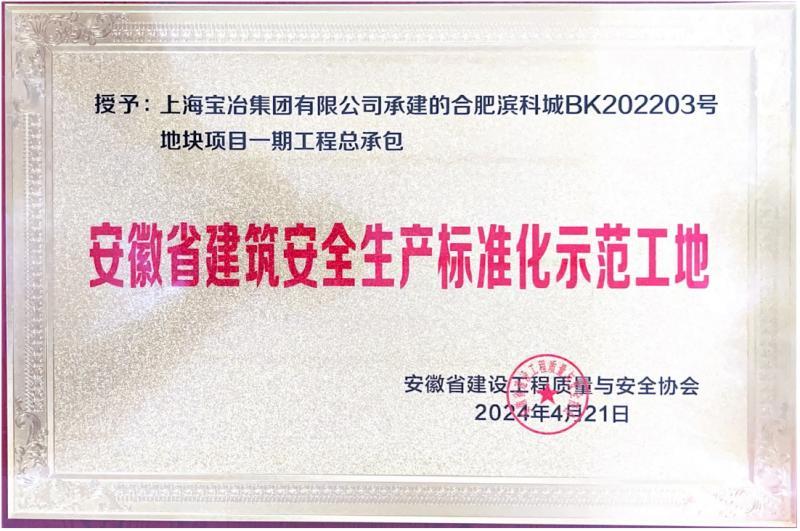 上海宝冶合肥滨科城项目荣获“安徽省建筑安全生产标准化示范工地