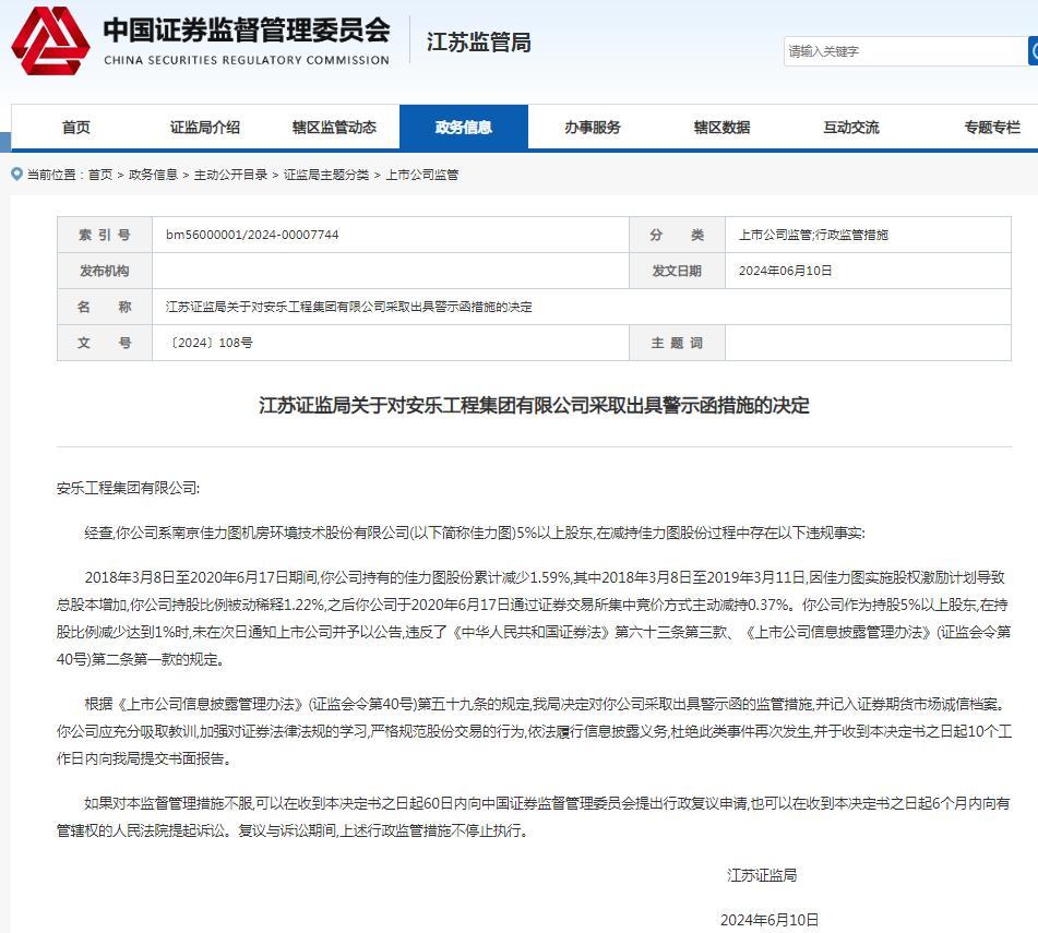 安乐工程集团有限公司违规减持被江苏证监局出具警示函