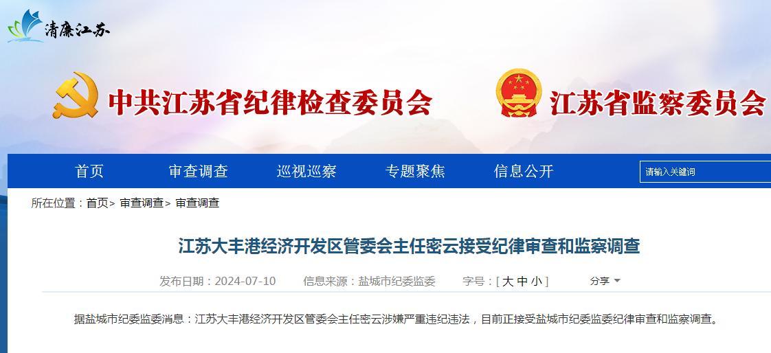 江苏大丰港经济开发区管委会主任密云接受纪律审查和监察调查